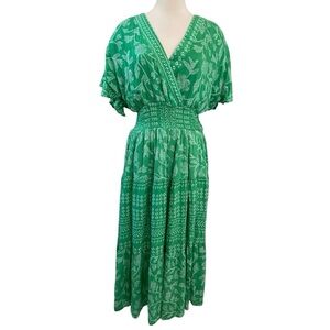 J Gee Womens Plus Size IX Green White Floral Boho Maxi Dress Short Sleeve NWT